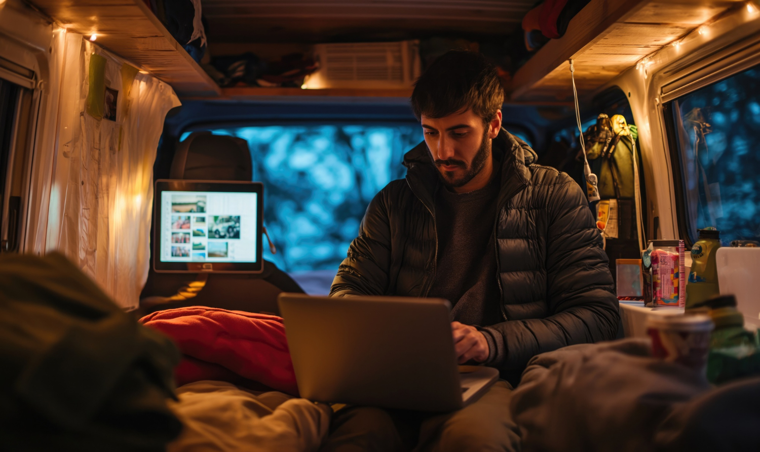 homem com laptop no carro